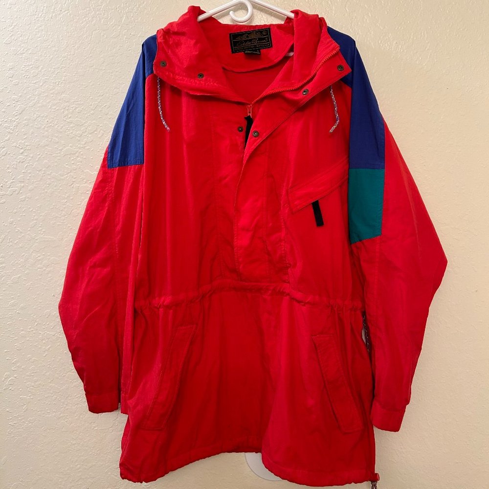 Eddie Bauer 90s Vintage Windbreaker Rain Jacket 1/2 Zip Nylon Hooded Red Sz L